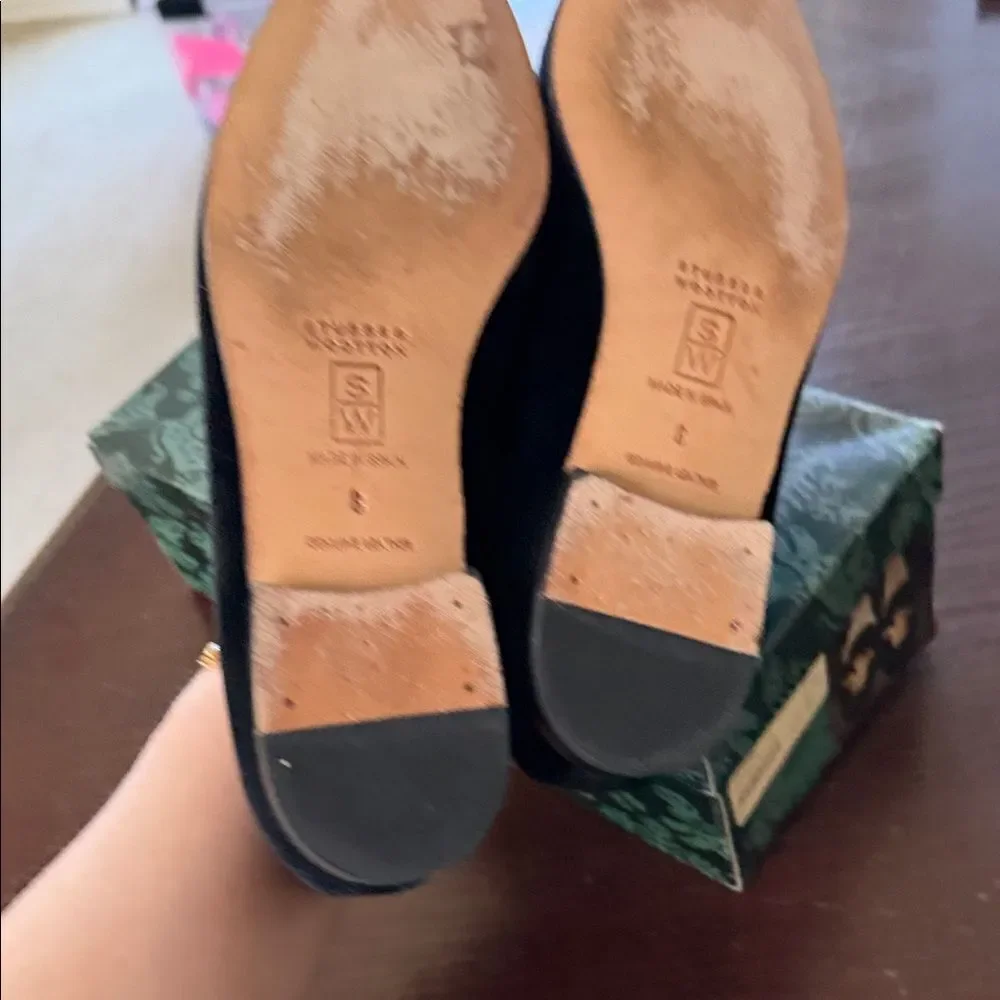 Stubbs & Wootton Black Velvet Loafers with Gold Fleur-de-Lis